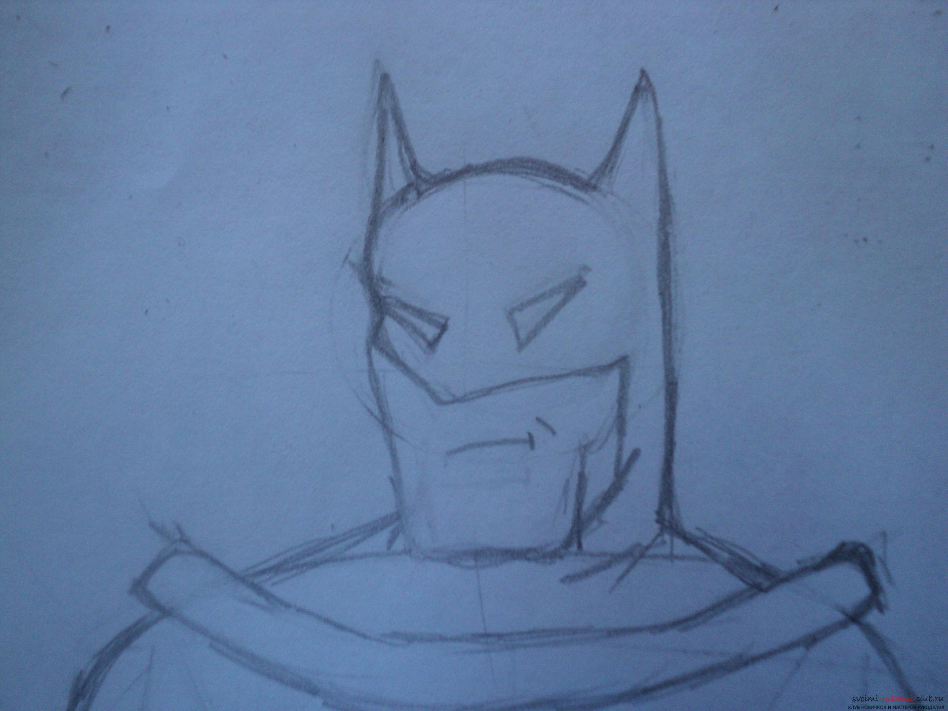 Мастер-класс по рисованию с фото описывает как поэтапно рисуется Бэтмен карандашом.. Фото №6